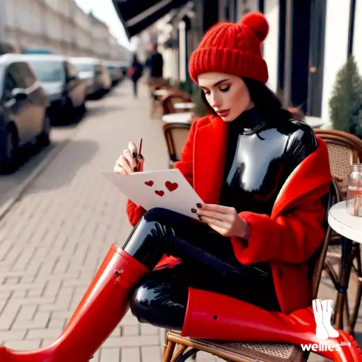 Una mujer sentada en una mesa frente a un café y escribe una carta de amor. De acuerdo con los mensajes del día del amor, lleva sombrero rojo, chaqueta y botas de goma. (Foto: IA)